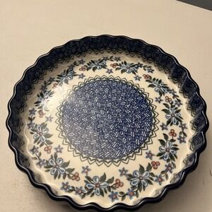 Polish Pottery 9" Scalloped Pie Tart Dish Floral Quiche Blue Handmade Poland